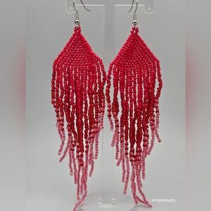 Handmade Red & Pink Beaded Tassel Chandelier Earrings Boho 5”